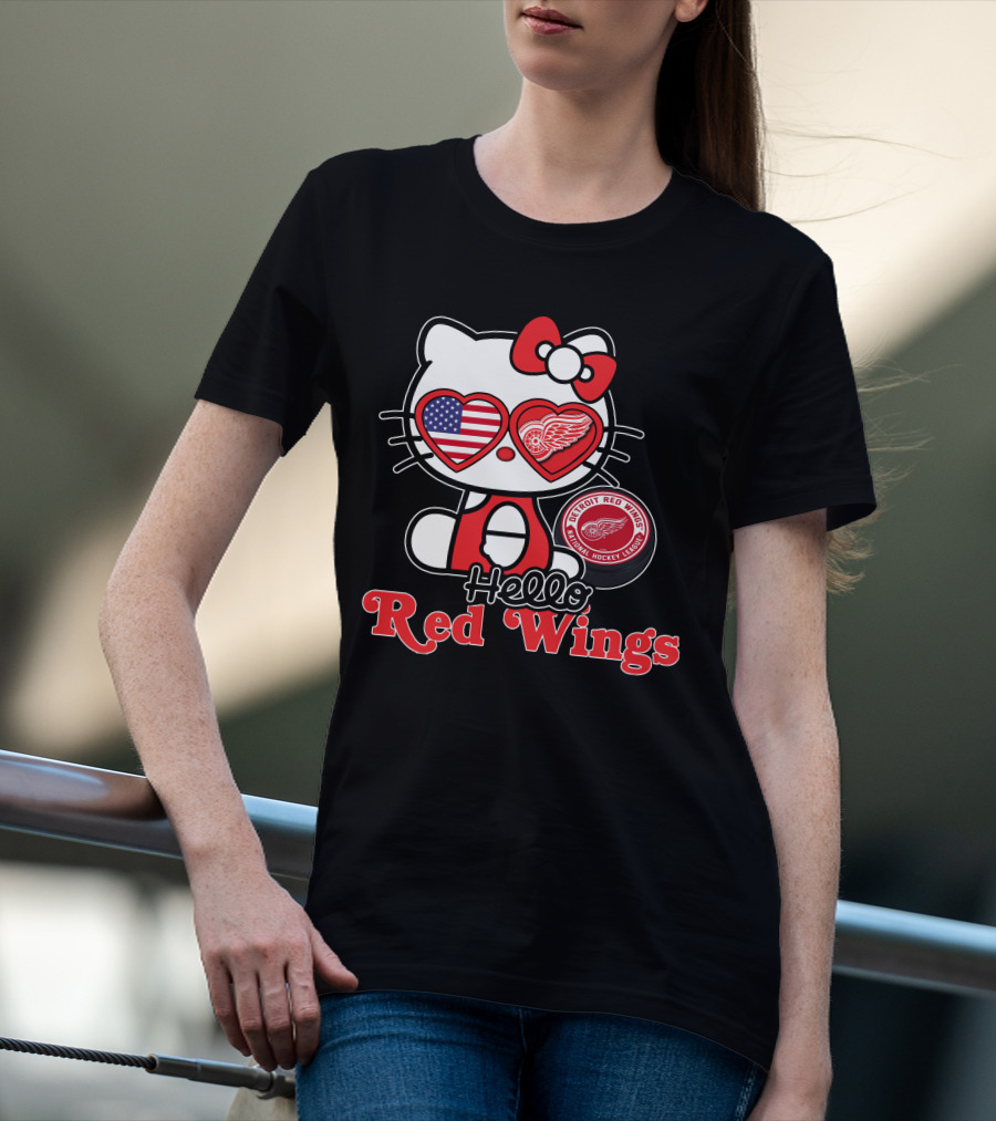 Hello Kitty Detroit Red Wings NHL American Flag T-Shirt