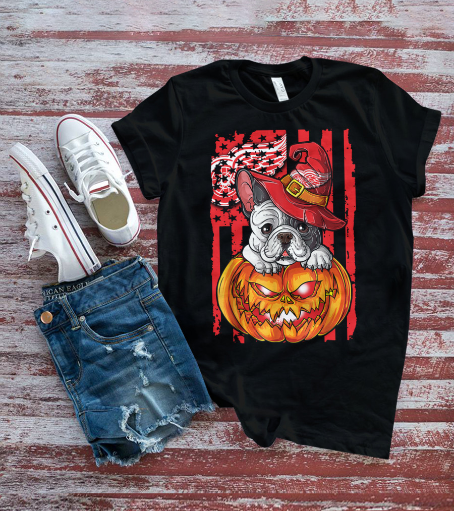Hlw Bulldog Detroit Red Wings Witch Hat Pumpkin Halloween T-Shirt