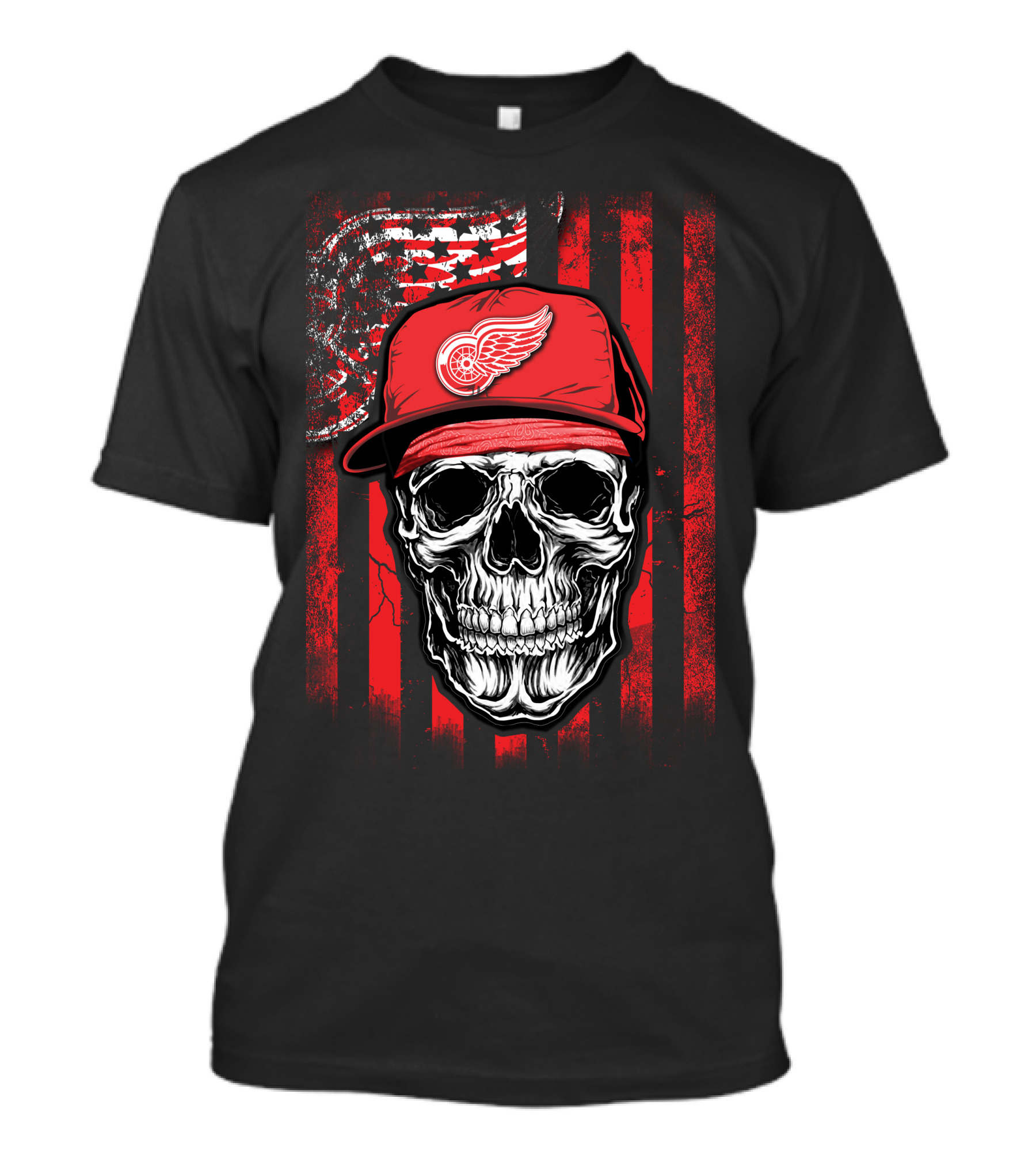 Skull Detroit Red Wings American Flag Hat T-Shirt