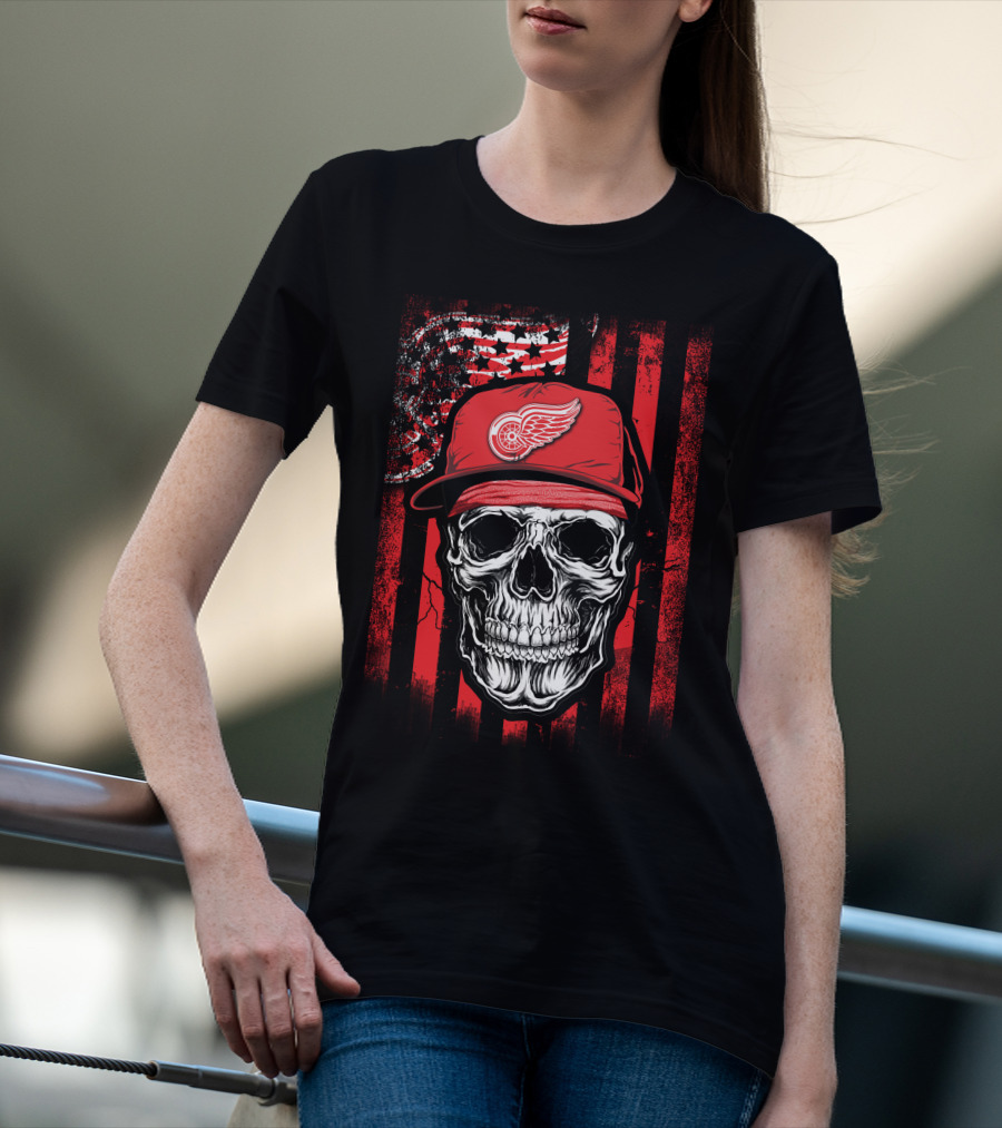 Skull Detroit Red Wings American Flag Hat T-Shirt