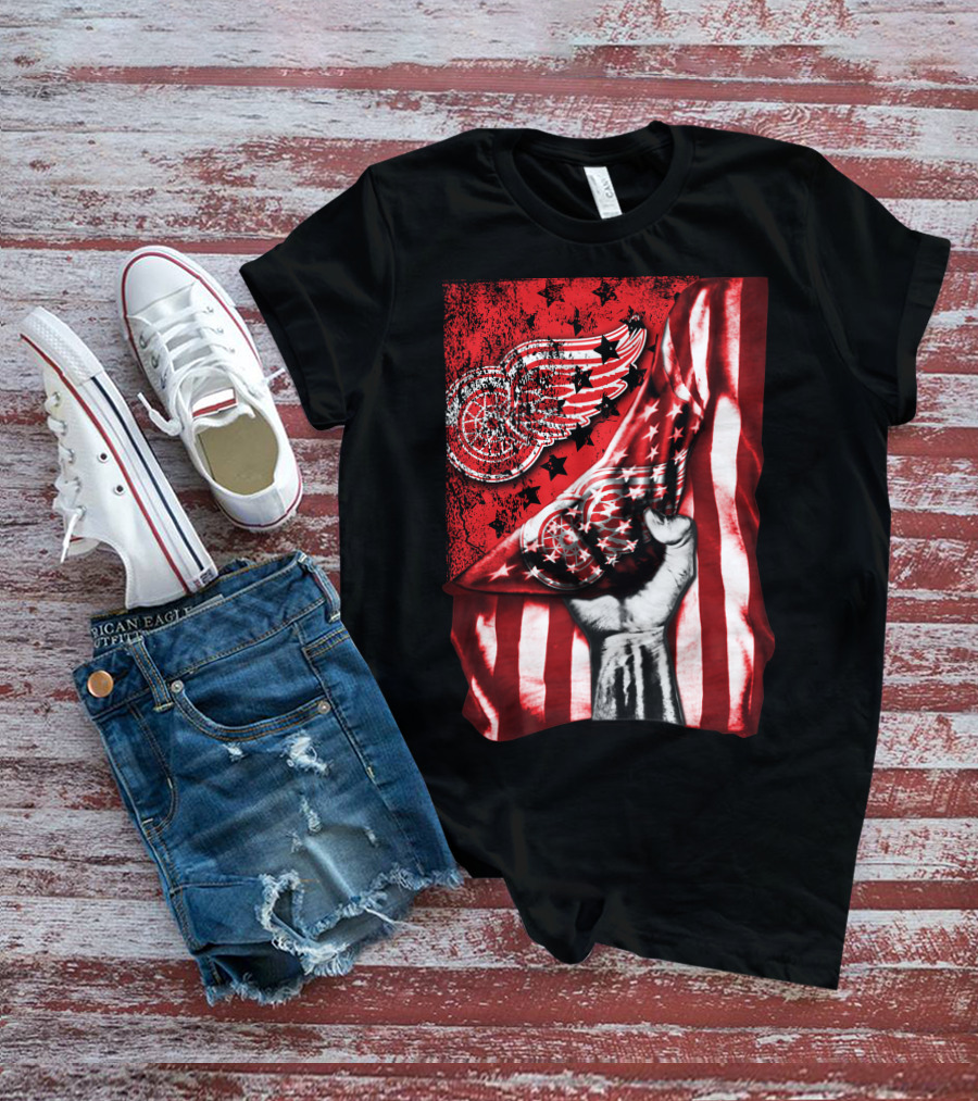 Detroit Red Wings American Flag Fist Star Graphics T-Shirt
