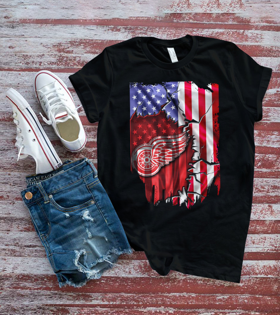 Flag Stars And Stripes Detroit Red Wings Winged Wheel T-Shirt