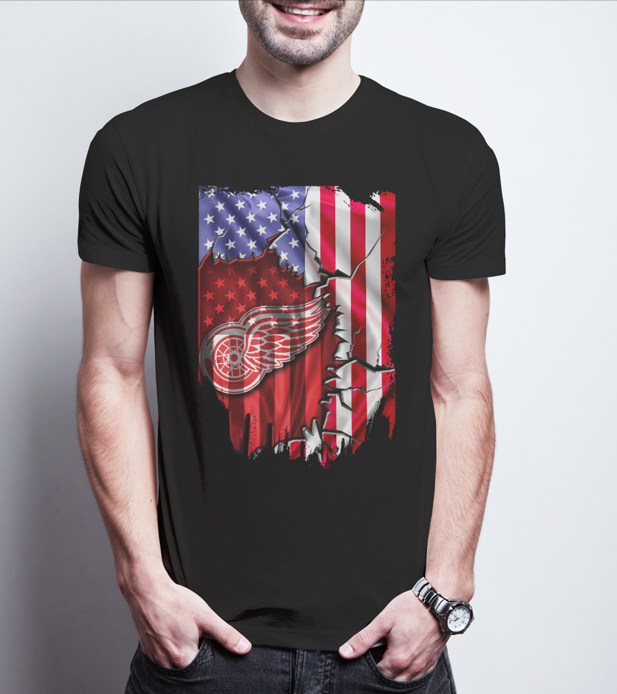 Flag Stars And Stripes Detroit Red Wings Winged Wheel T-Shirt