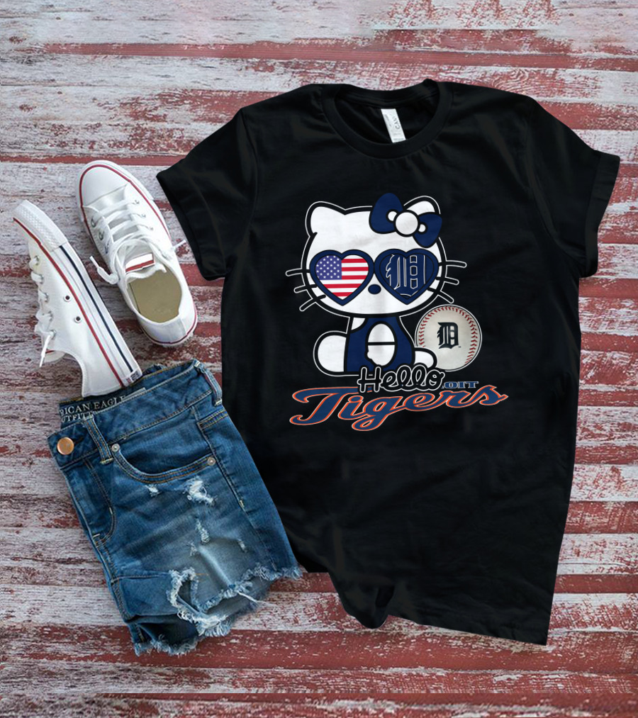 Hello Kitty Detroit Tigers American Flag Baseball T-Shirt