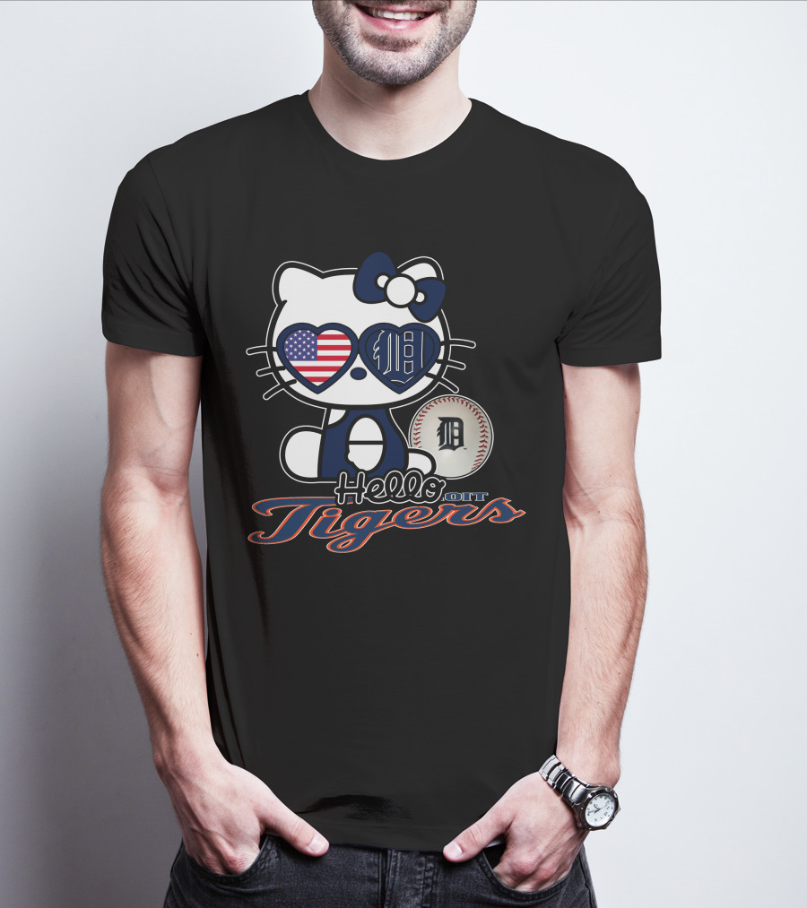 Hello Kitty Detroit Tigers American Flag Baseball T-Shirt