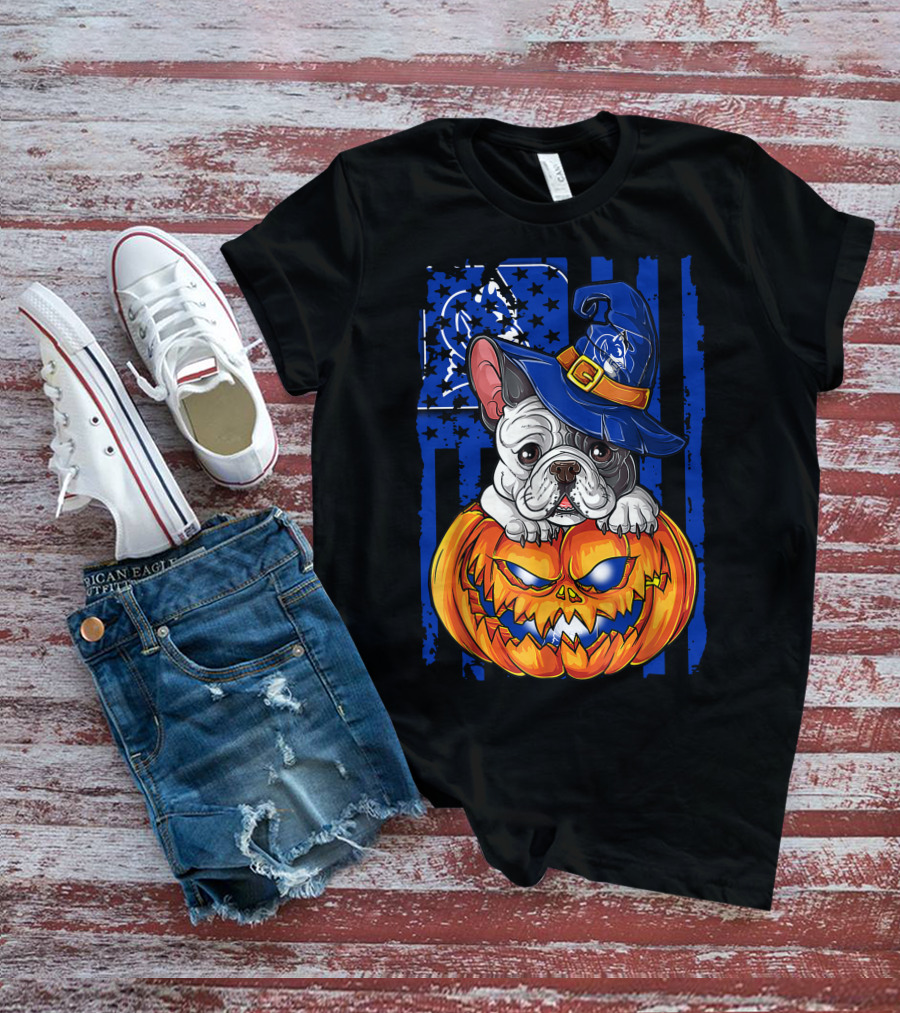 Hlw Bulldog On Duke Blue Devils Themed Halloween Pumpkin With Wizard Hat T-Shirt