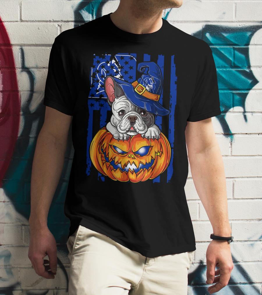 Hlw Bulldog On Duke Blue Devils Themed Halloween Pumpkin With Wizard Hat T-Shirt