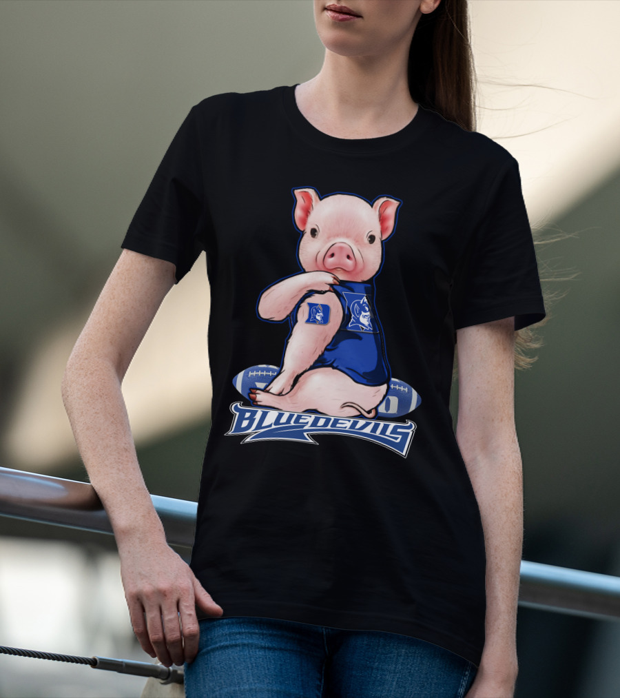Pig Wearing Duke Blue Devils Jersey With Football Background T-Shirt