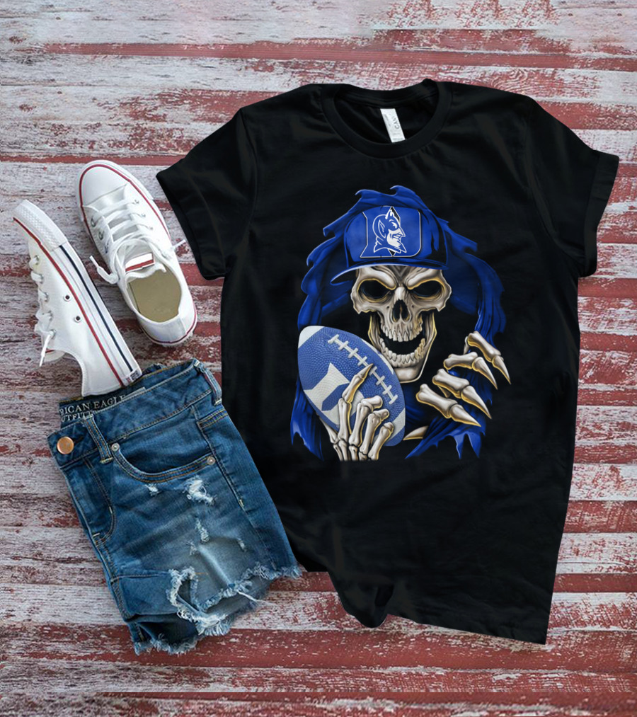 Duke Blue Devils Skull With Football And Logo Hat T-Shirt
