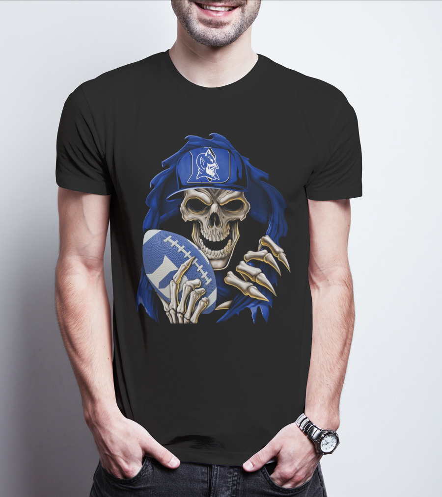 Duke Blue Devils Skull With Football And Logo Hat T-Shirt