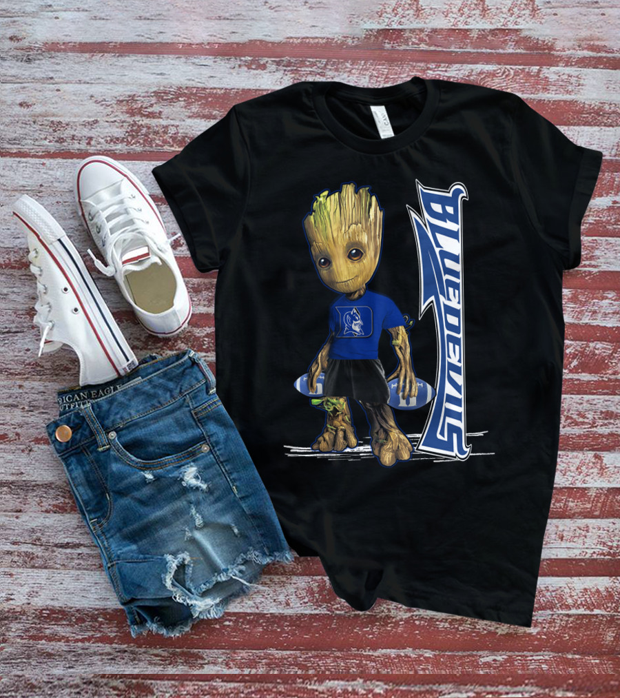 Groot Wearing Duke Blue Devils Shirt With Blue Devils Logo And Football T-Shirt