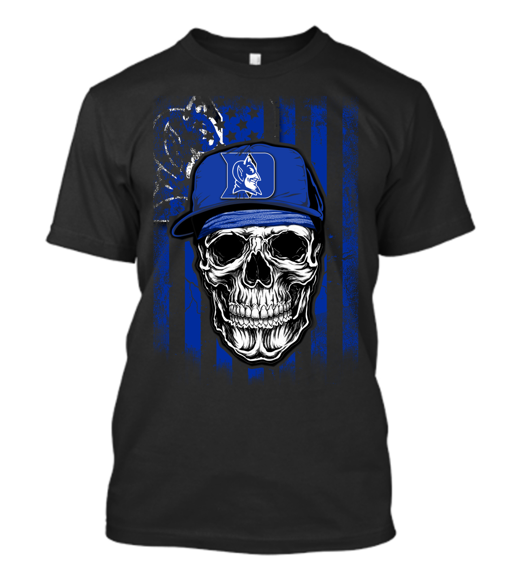 Skull With Duke Blue Devils Cap And American Flag Background T-Shirt