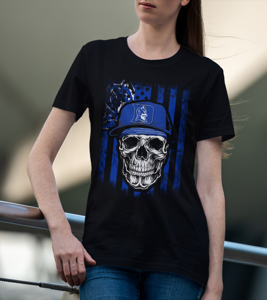 Skull With Duke Blue Devils Cap And American Flag Background T-Shirt