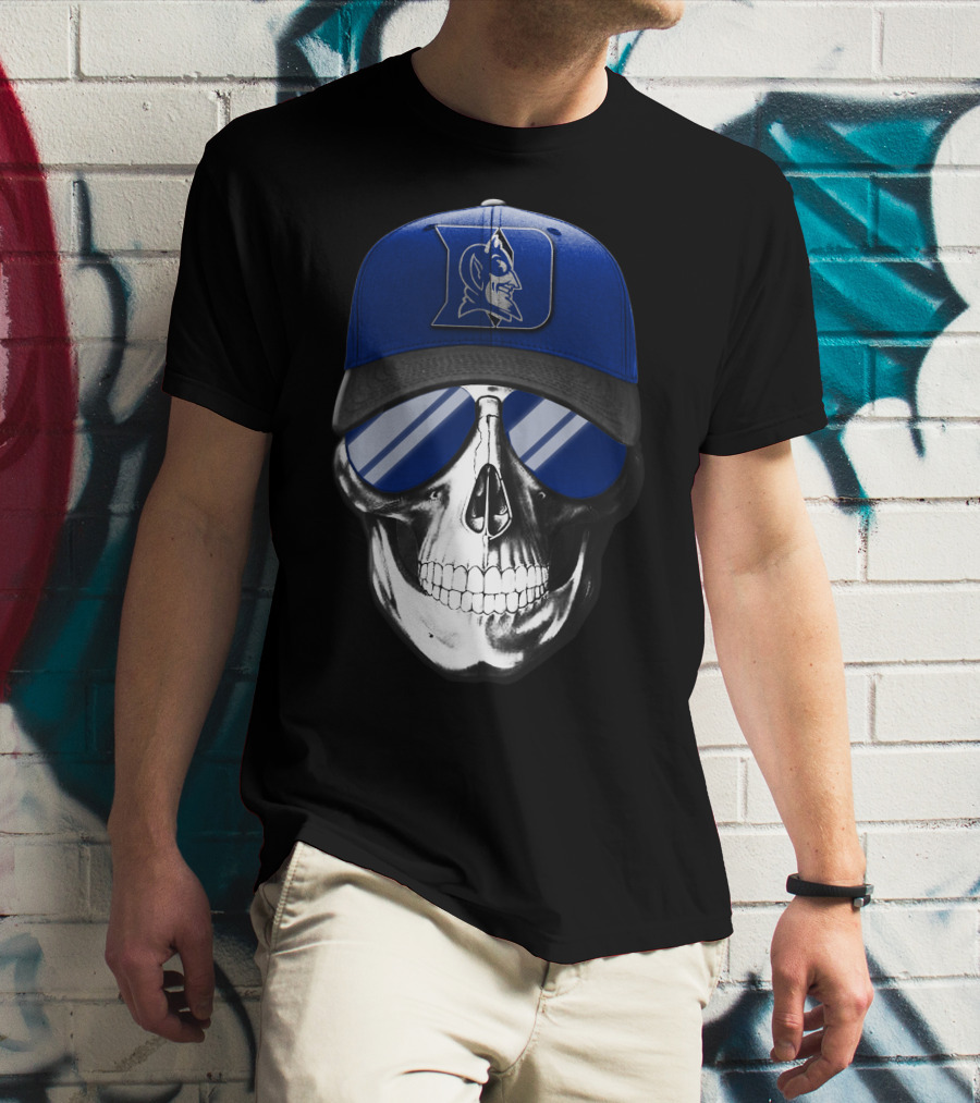 Skull Wearing Duke Blue Devils Logo Hat And Sunglasses T-Shirt