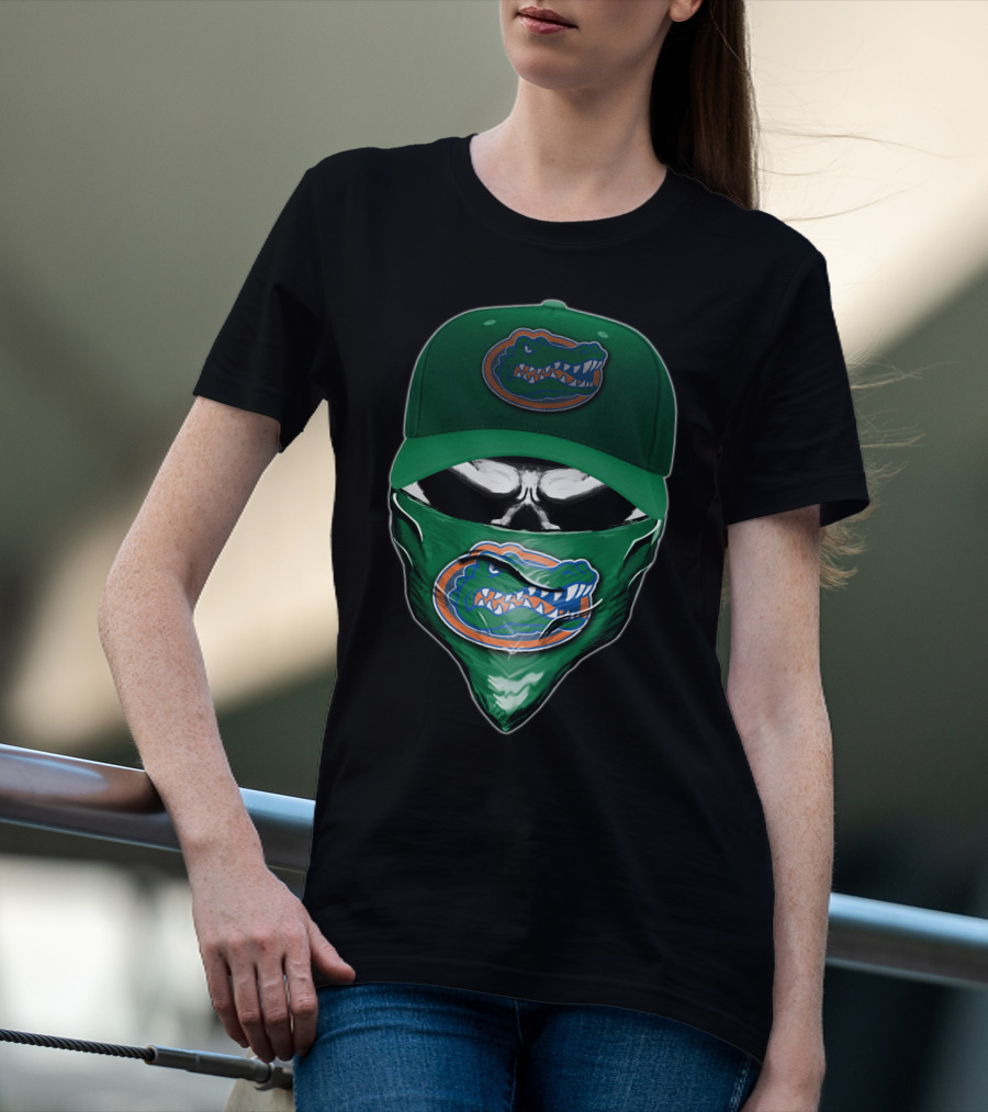 Skull With Florida Gators Logo And Green Cap T-Shirt