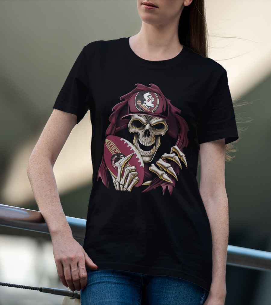 Skullbong Florida State Seminoles Skeleton Holding Football T-Shirt