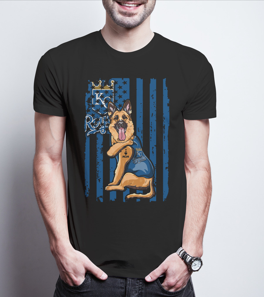 KC Royals German Shepherd Fan With I Love Mom Tattoo T-Shirt
