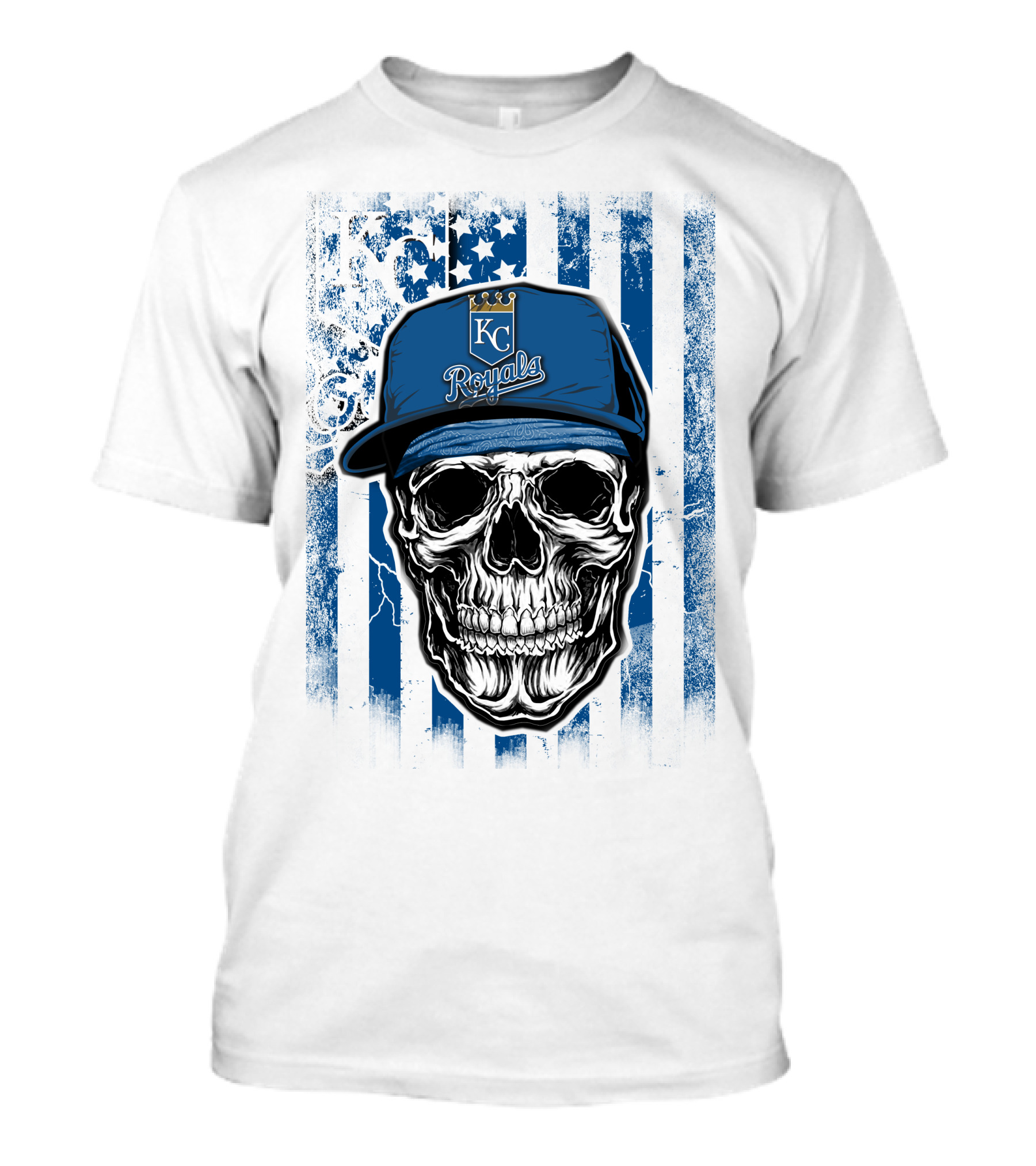 Kansas City Royals Skull With Blue Hat And Crown Symbol On T-Shirt