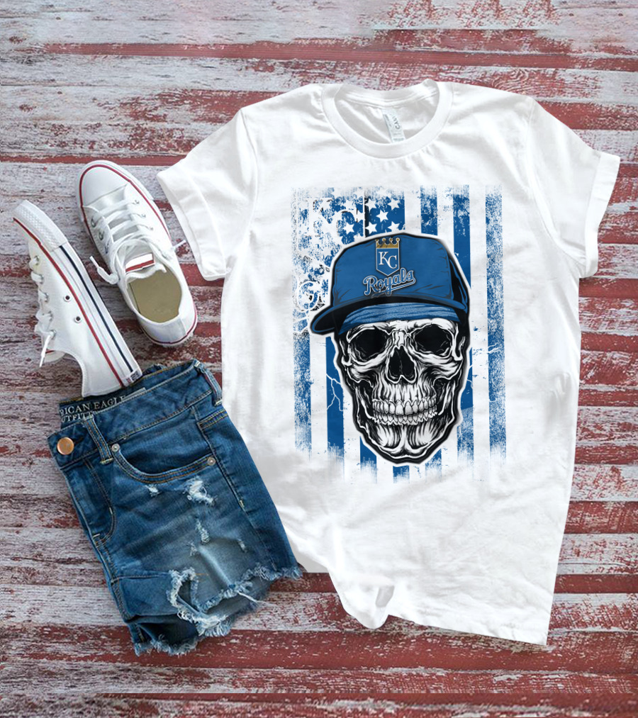 Kansas City Royals Skull With Blue Hat And Crown Symbol On T-Shirt