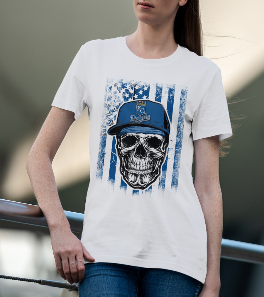 Kansas City Royals Skull With Blue Hat And Crown Symbol On T-Shirt