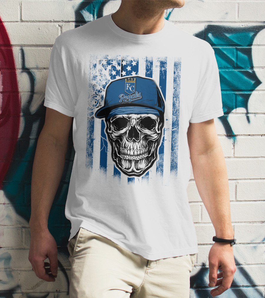 Kansas City Royals Skull With Blue Hat And Crown Symbol On T-Shirt