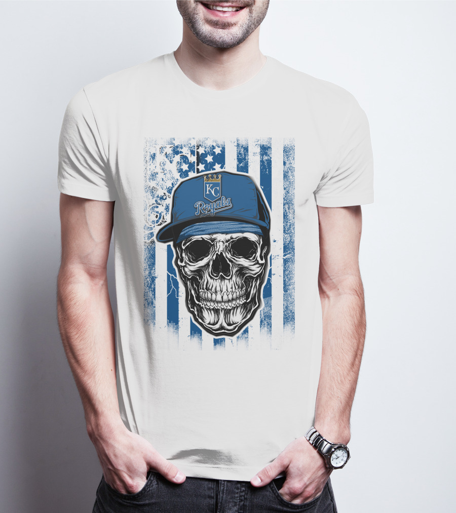 Kansas City Royals Skull With Blue Hat And Crown Symbol On T-Shirt