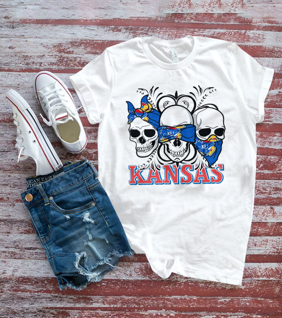 Kansas Jayhawks Skulls Bandana T-Shirt