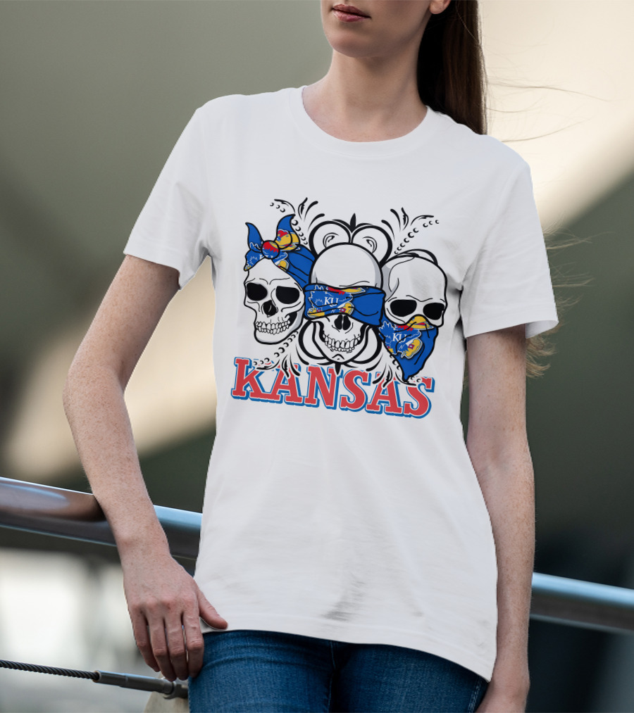 Kansas Jayhawks Skulls Bandana T-Shirt