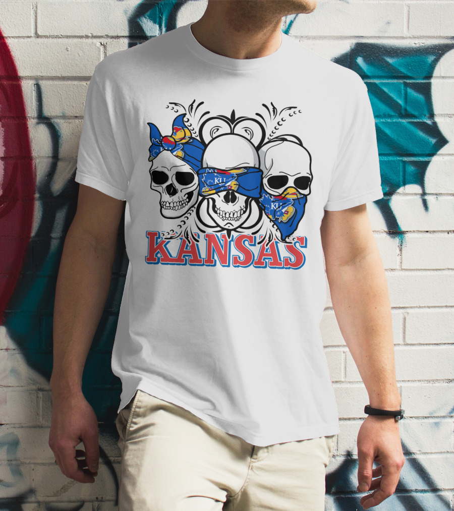 Kansas Jayhawks Skulls Bandana T-Shirt