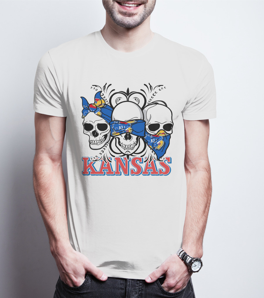 Kansas Jayhawks Skulls Bandana T-Shirt