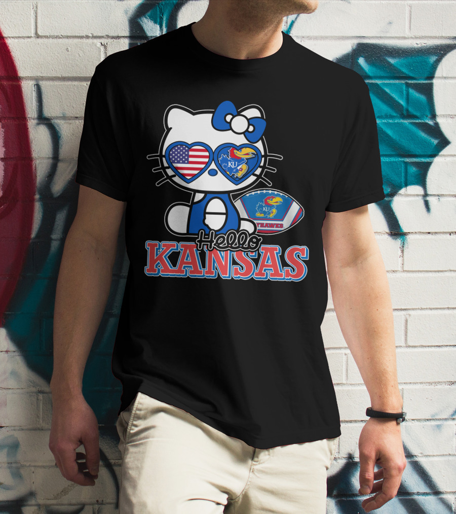 Hello Kitty Kansas Jayhawks KU Football American Flag T-Shirt