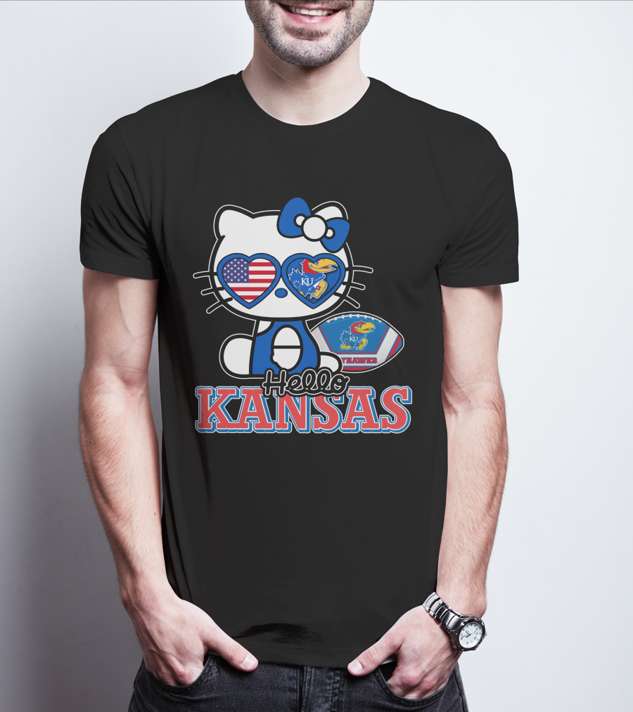 Hello Kitty Kansas Jayhawks KU Football American Flag T-Shirt