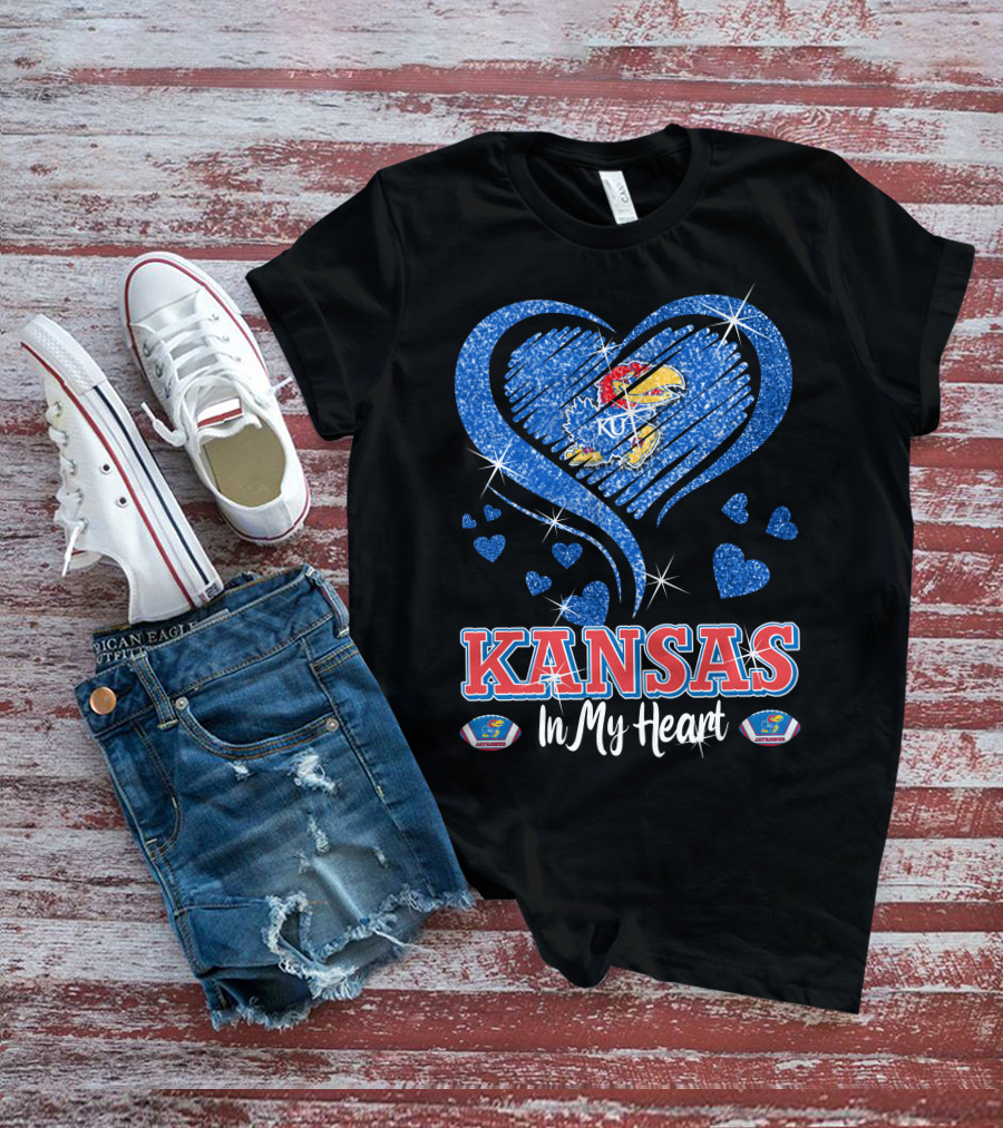 Kansas Jayhawks Heart KU Love Glitters Kansas In My Heart T-Shirt