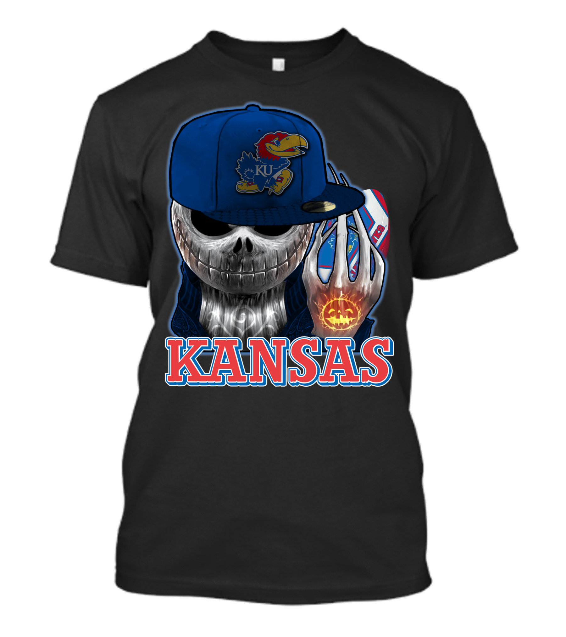 Kansas Jayhawks Skull Halloween Pumpkin Blue Cap T-Shirt