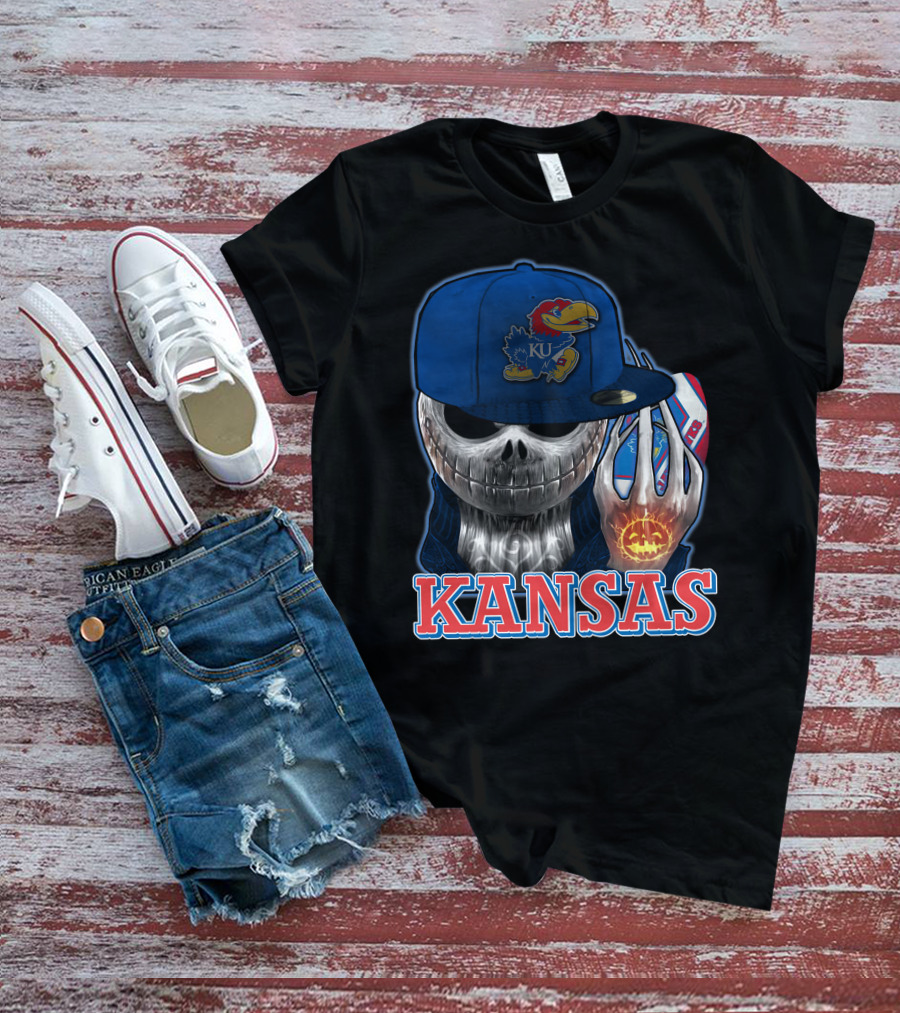Kansas Jayhawks Skull Halloween Pumpkin Blue Cap T-Shirt