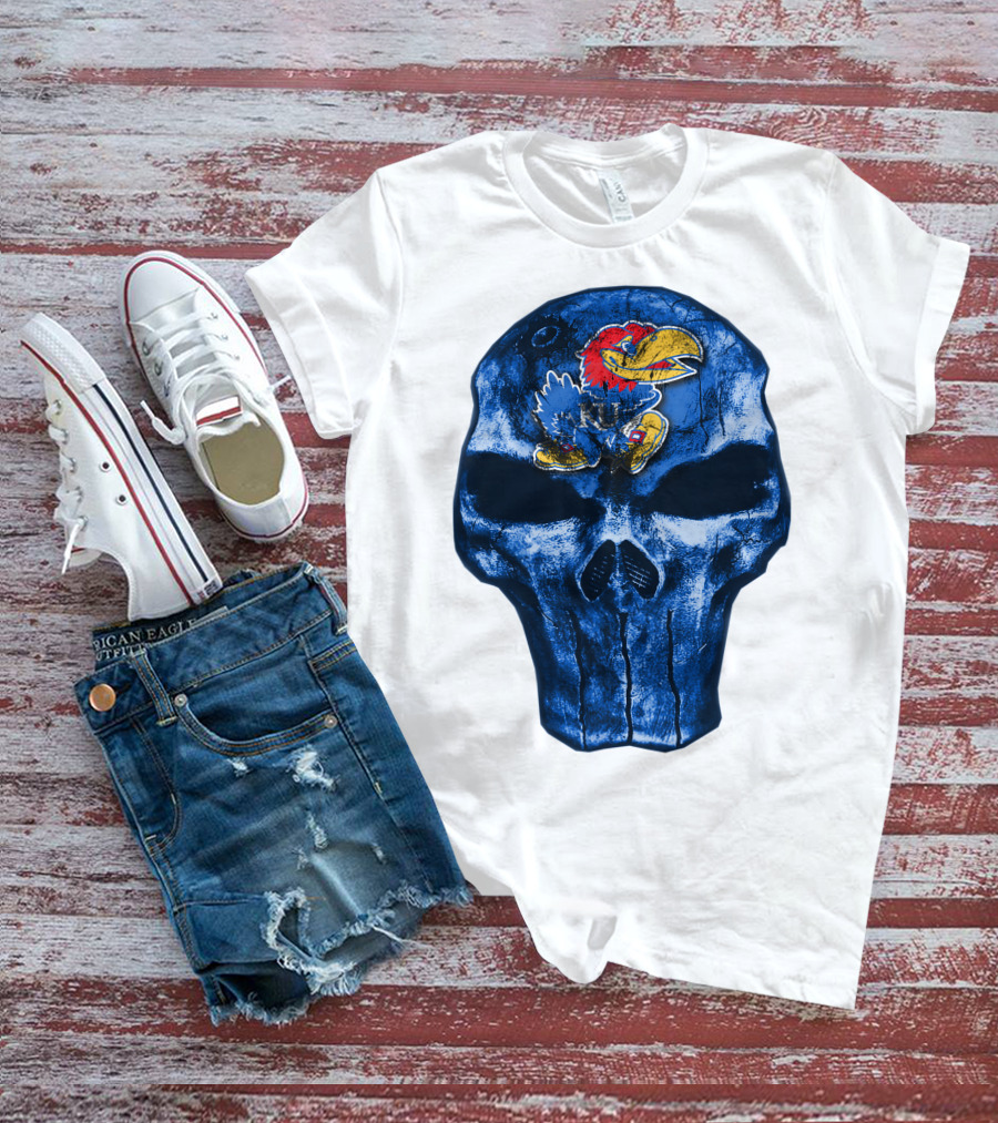Kansas Jayhawks Logo On Blue Skull T-Shirt