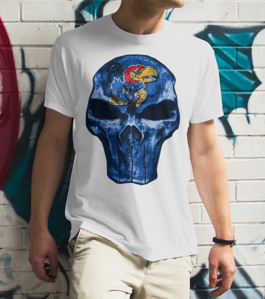 Kansas Jayhawks Logo On Blue Skull T-Shirt