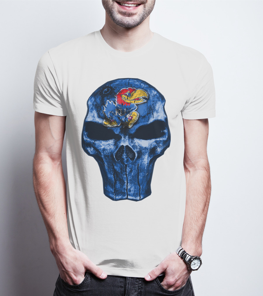 Kansas Jayhawks Logo On Blue Skull T-Shirt