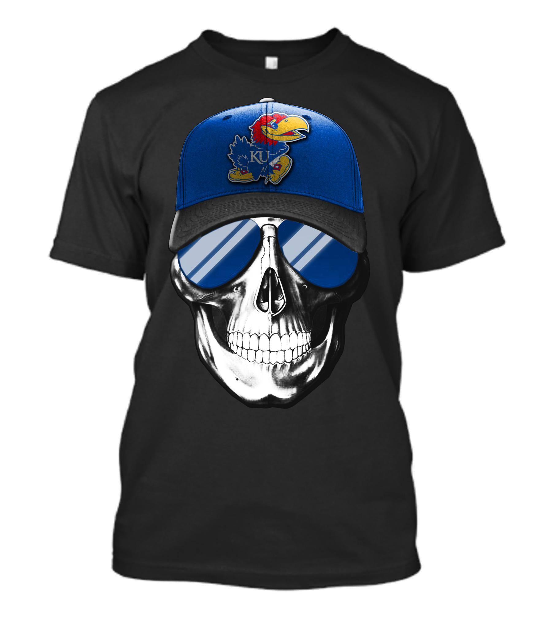 Kansas Jayhawks Skull With Blue Cap And Sunglasses T-Shirt