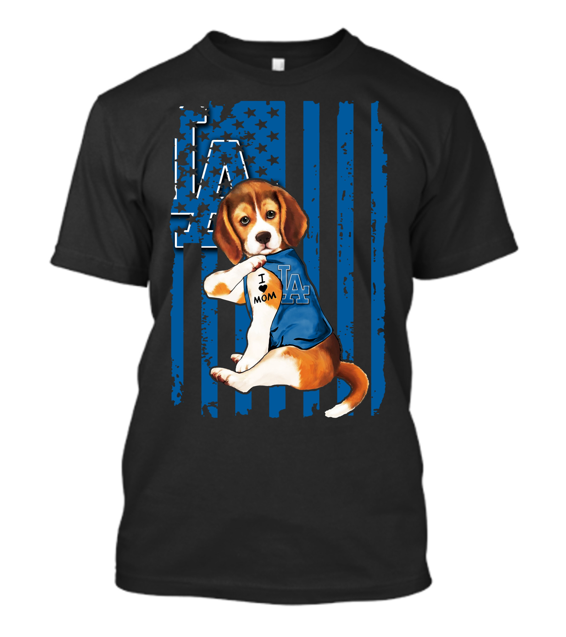 Beagle Wearing Los Angeles Dodgers Shirt With Tattoo I Love Mom T-Shirt