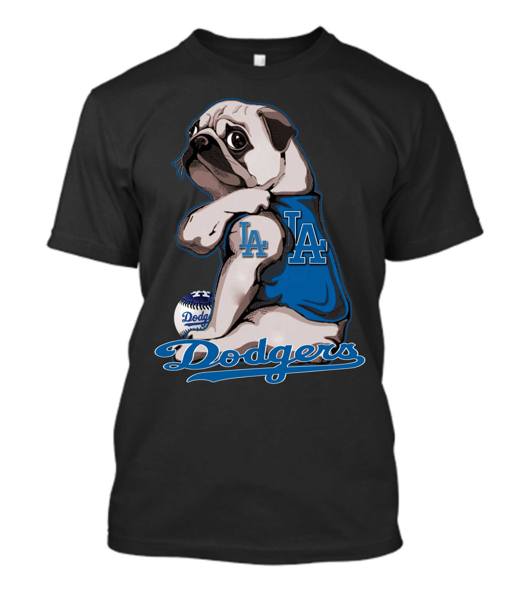 Pug Los Angeles Dodgers Mascot With Baseball And LA Insignia T-Shirt