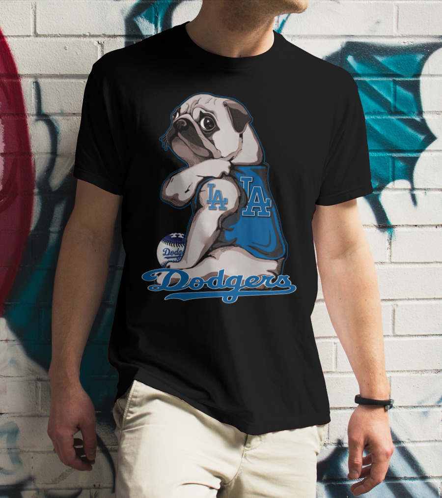 Pug Los Angeles Dodgers Mascot With Baseball And LA Insignia T-Shirt