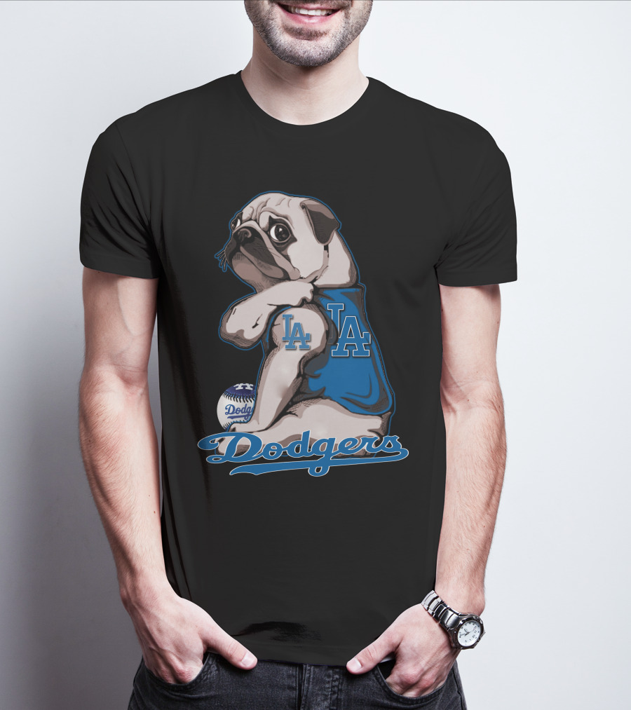 Pug Los Angeles Dodgers Mascot With Baseball And LA Insignia T-Shirt