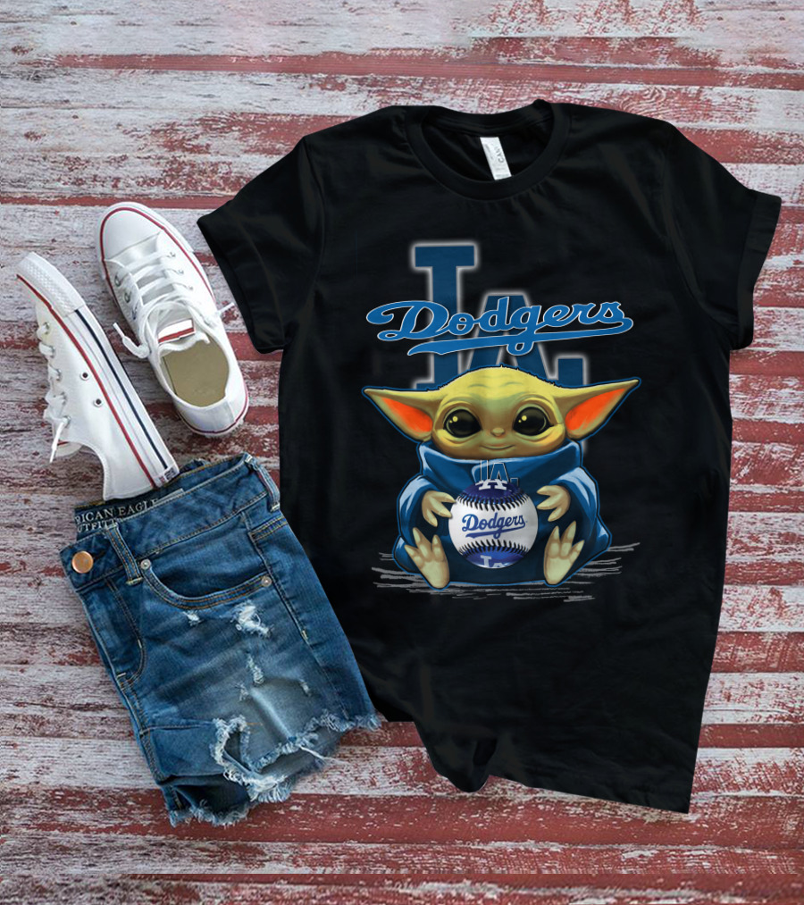 Yoda Holding Dodgers Baseball With Los Angeles Dodgers Logo Background T-Shirt