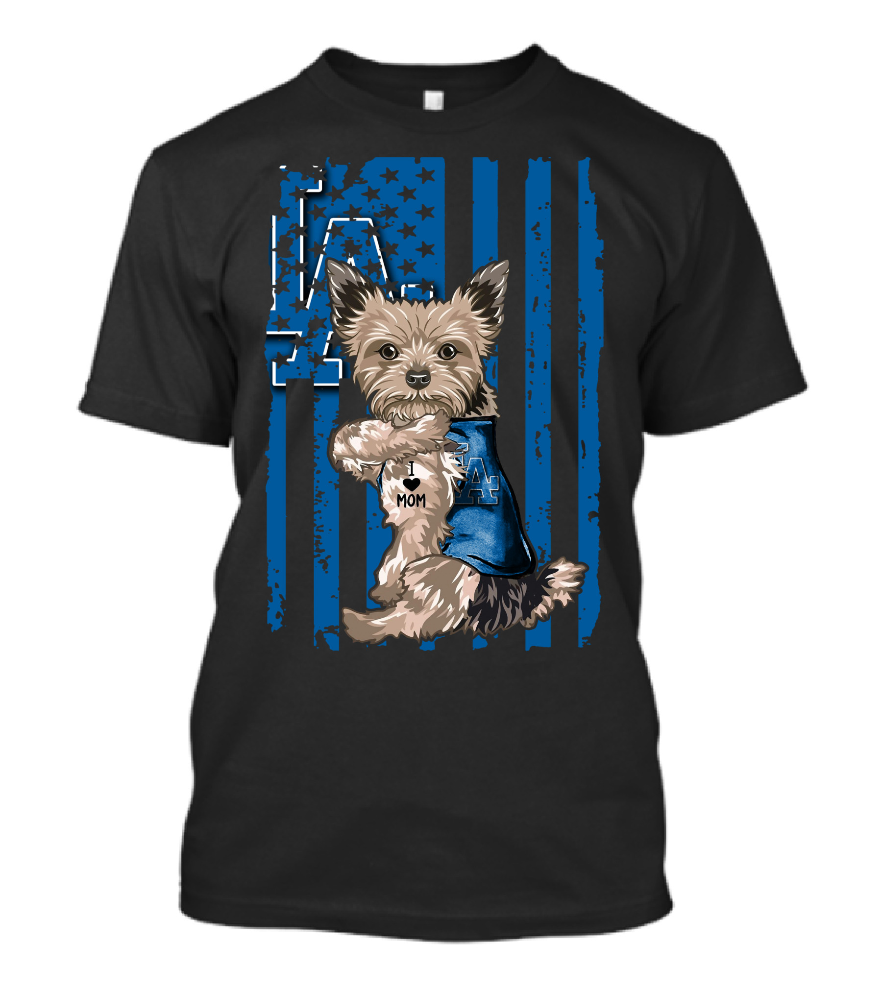 Yorkshire Terrier I Love Mom Los Angeles Dodgers Blue Stars Stripes T-Shirt