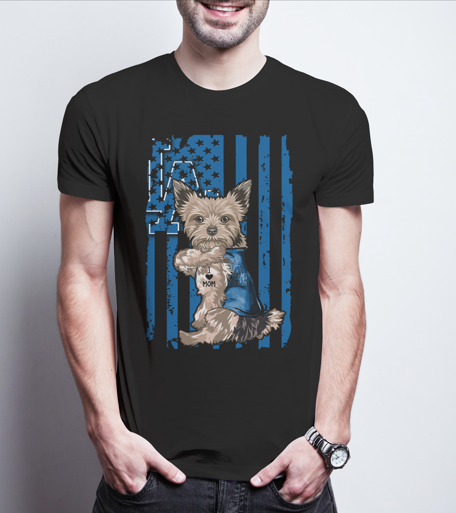 Yorkshire Terrier I Love Mom Los Angeles Dodgers Blue Stars Stripes T-Shirt