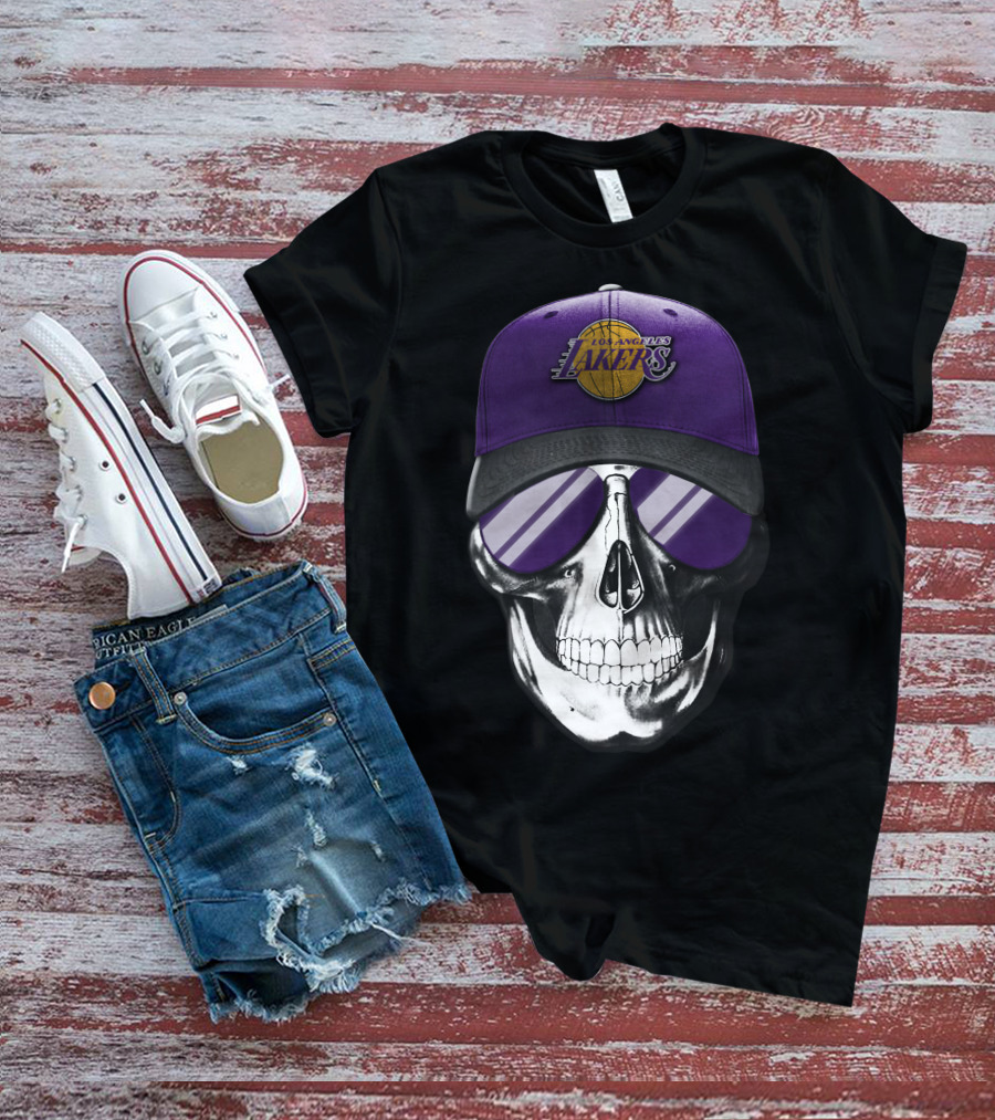 Los Angeles Lakers Skull With Purple Hat And Sunglasses T-Shirt