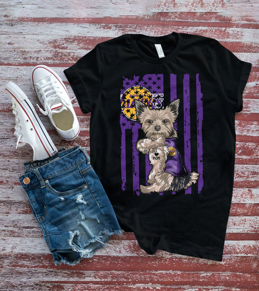 Yorkshire Terrier Los Angeles Lakers I Love Mom T-Shirt