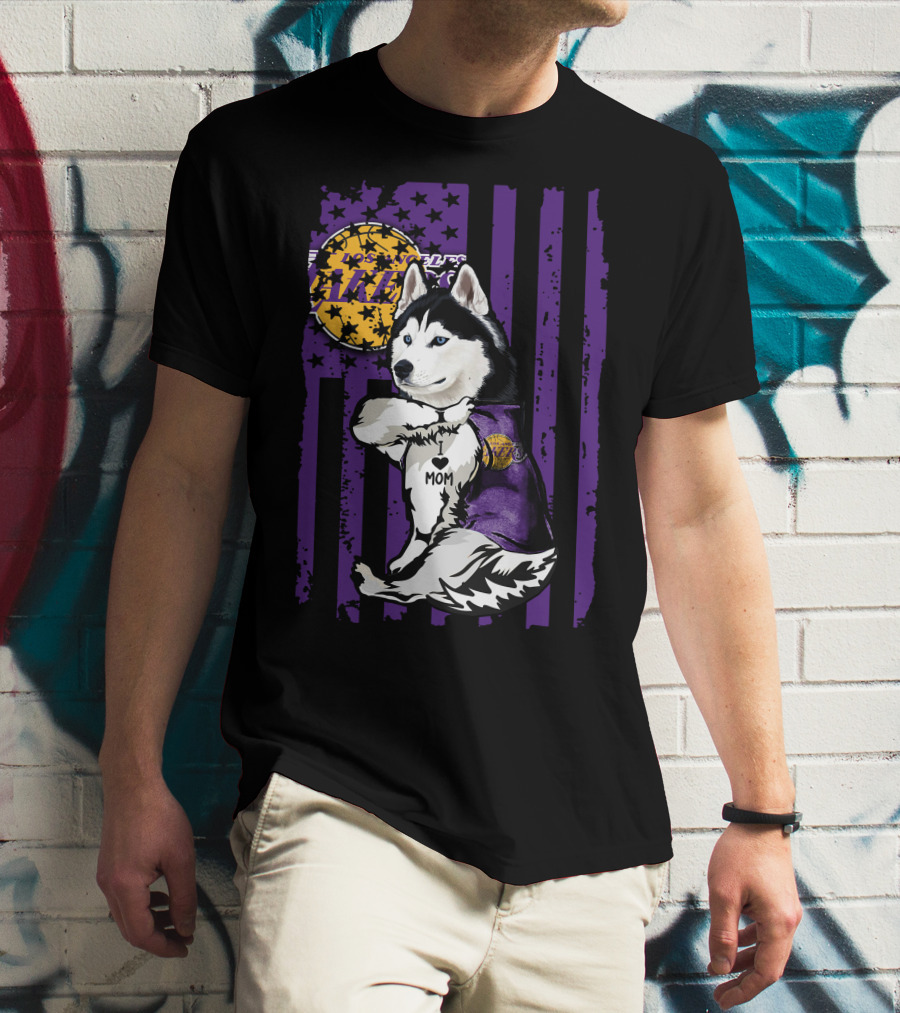 Siberian Husky Mom Los Angeles Lakers Fan With Purple American Flag Background T-Shirt