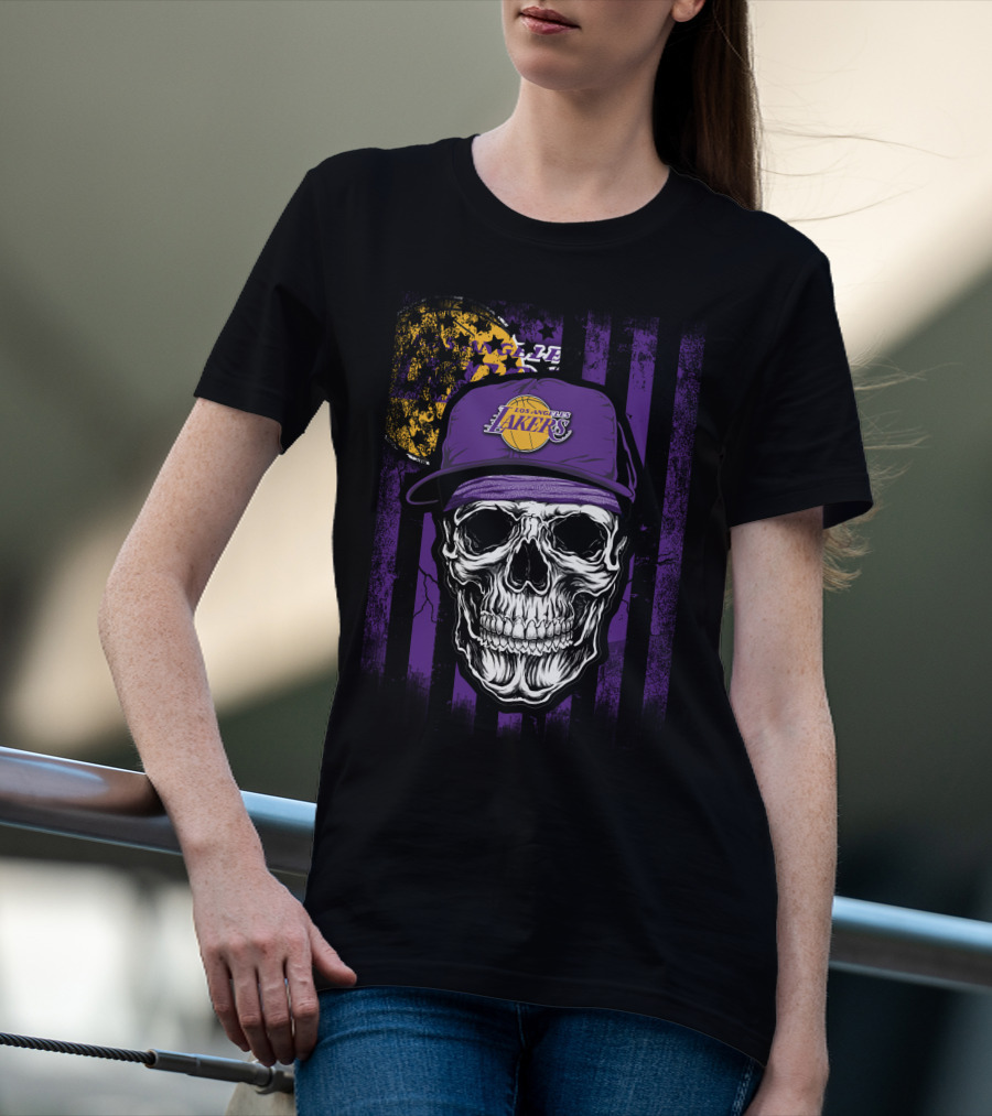 Los Angeles Lakers Skull Cap Bold Gothic T-Shirt